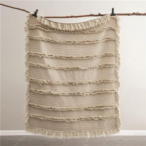 Ultra Soft Pre-Washed Quilted Boho Throw Blanket, Ruffle Fringed Beige - Picture 7 of 8